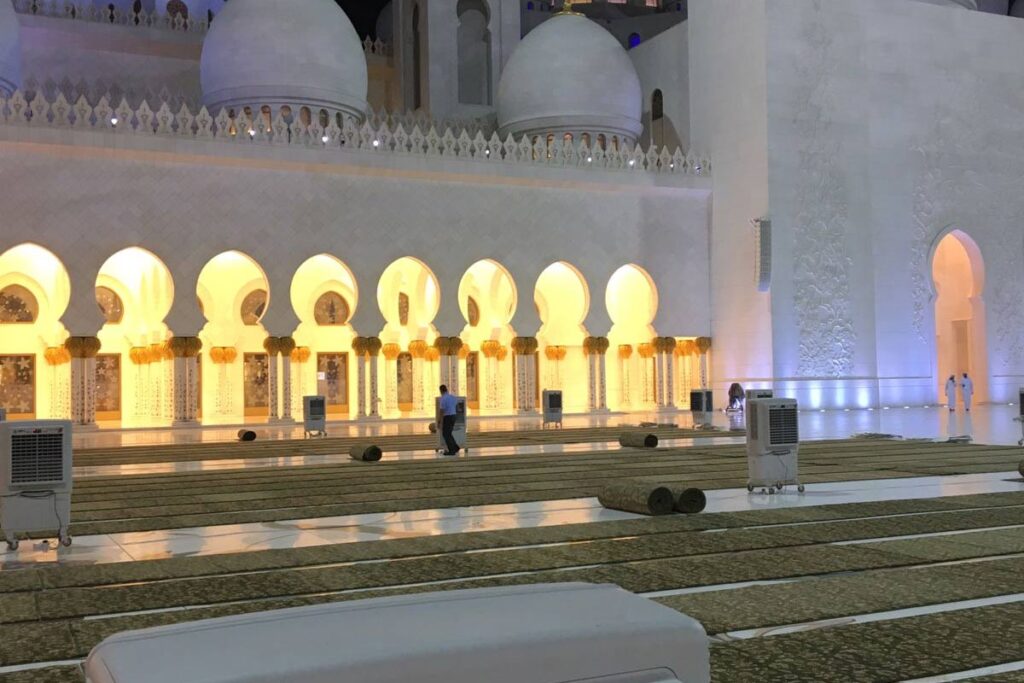 Rented air coolers units in mosque yard in Dubai